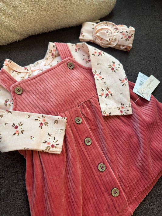 3Pc Velour Floral Frock with Headband