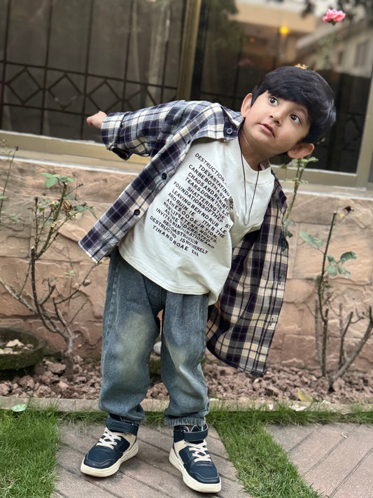 3Pc Checked Woolen Shirt & Jeans Set