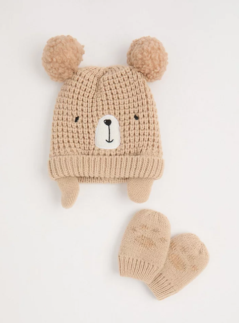 George Teddy Bear Bobble Hat and Mittens Set