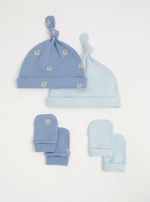 George Pack of 2 Elephant Print Hats and Mittens Set