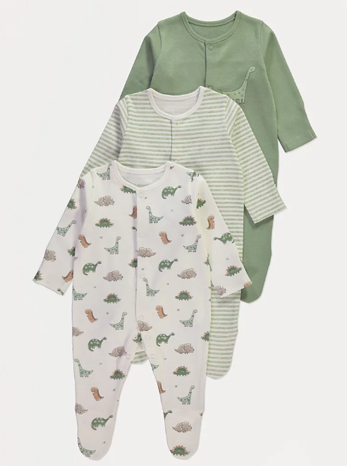 George Dino Print Pack of 3 Sleepsuits