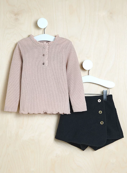 George Frill neck long Sleeve Top and Black Skort Set