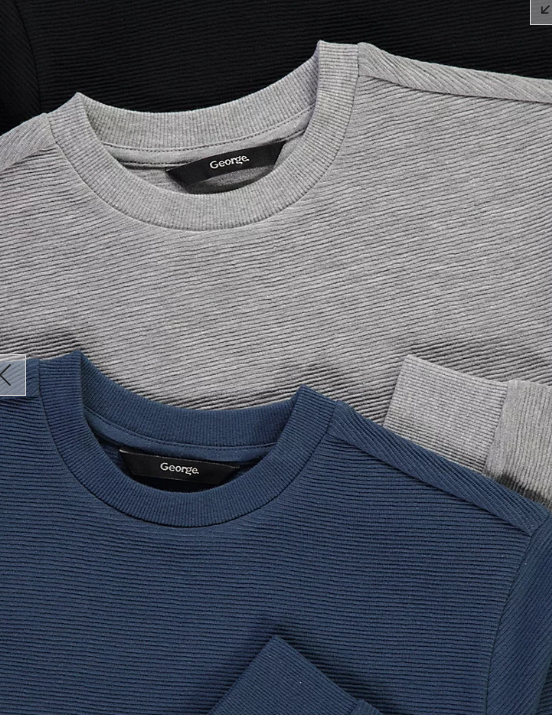 George Pack of 3 Long Sleeve Ribbed Shirts
