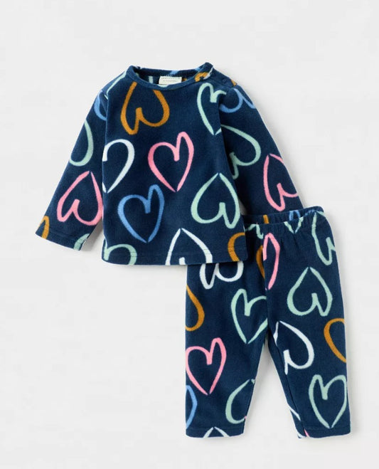 Juniors Hearts print Fleece Shirt & Trouser Set