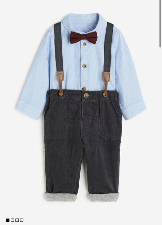 H&M Formal Bow Shirt ,Corduroy Pants with Suspenders