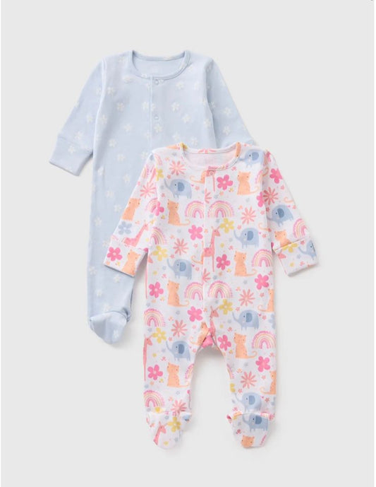 Matalan Pack Of 2 Floral & Rainbows Sleepsuits