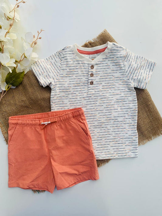 C&C Blue & Peach Strips Shirt With Shorts