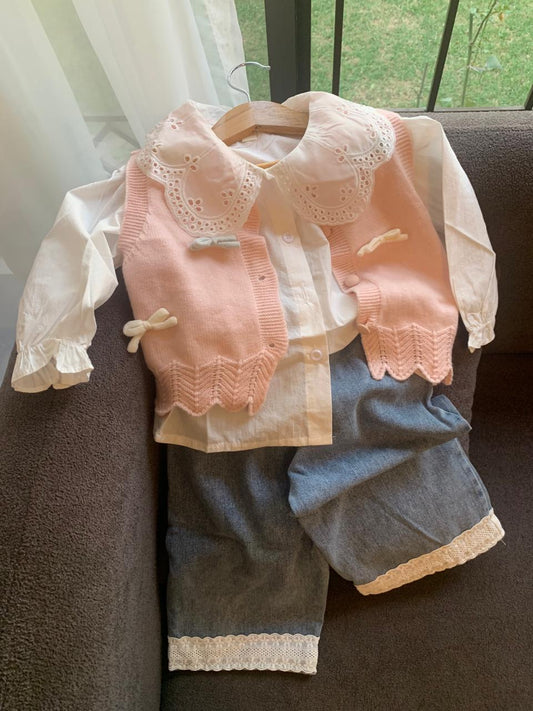 3Pc Knitted Cardigan, Shirt & Pants Set