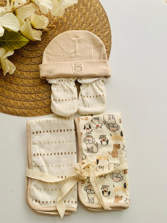 4pc Ribbed Cap, Mittens & 2 Burp Cloth Set