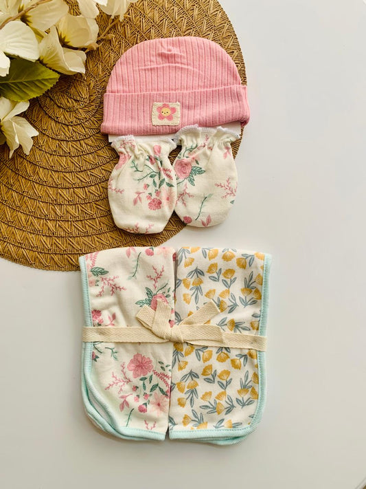Pack of 1 Ribbed Cap, Pair of Mittens & 2 Burp Cloths