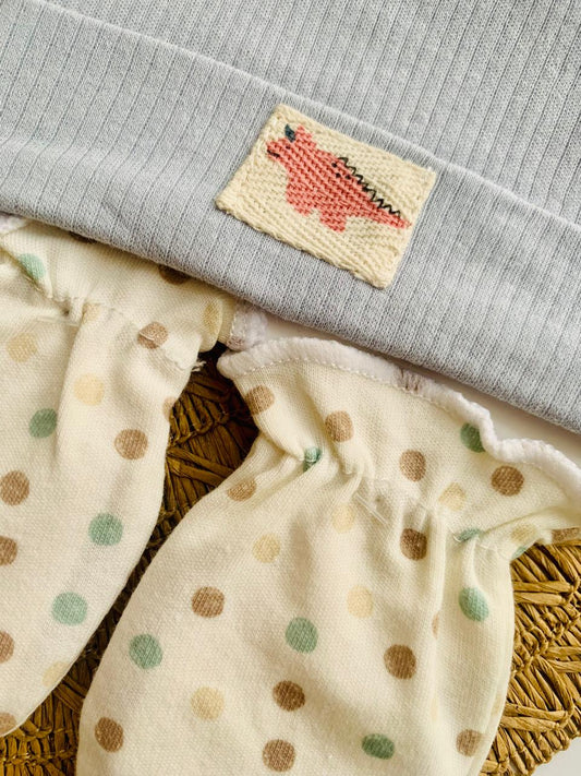 4pc Ribbed Cap, Mittens & 2 Burp Cloth Set