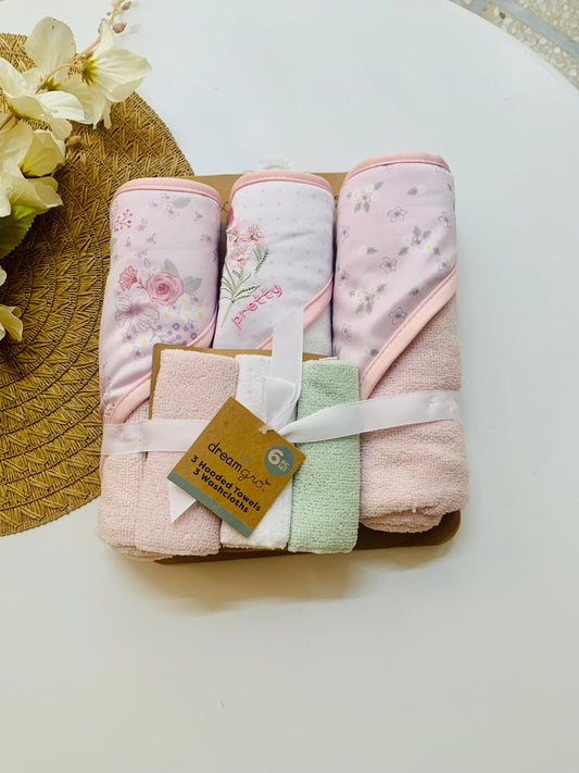 Pack of 3 Floral "Pretty" Hooded Towel & Wash Clothes
