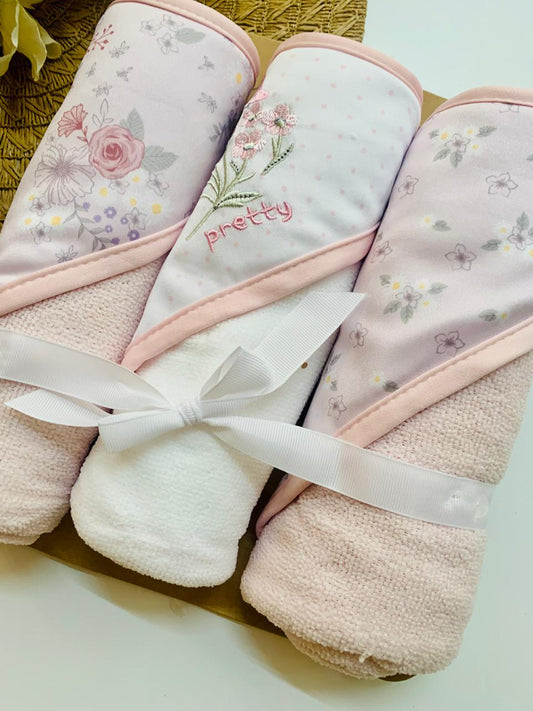 Pack of 3 Floral "Pretty" Hooded Towel & Wash Clothes