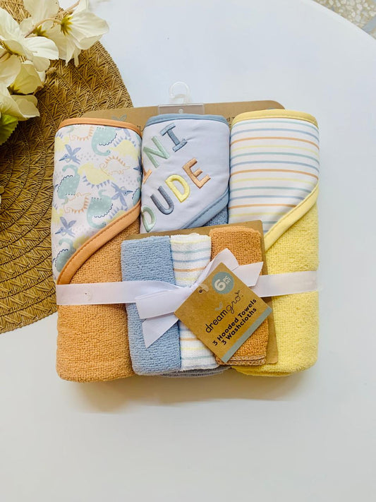 Pack of 3 "Mini Dude" Dino Hooded Towel & Wash Clothes