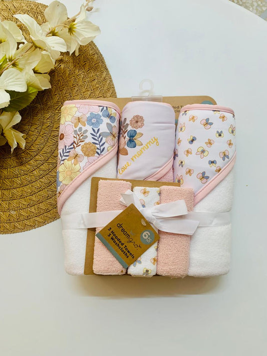 pack of 3 Floral "I Love Mummy" Hooded Towel & Wash Cloths