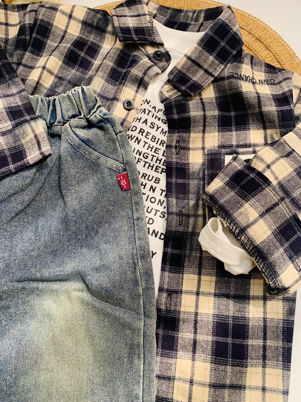 3Pc Checked Woolen Shirt & Jeans Set