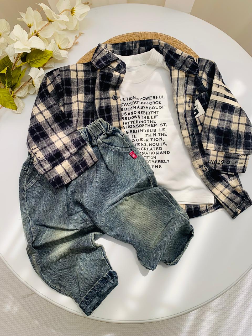 3Pc Checked Woolen Shirt & Jeans Set