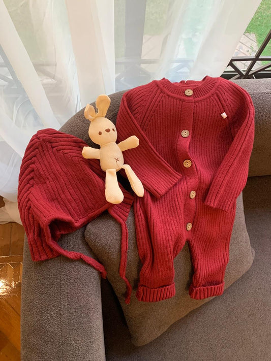 Knitted Buttoned Sleepsuit with Matching Cap