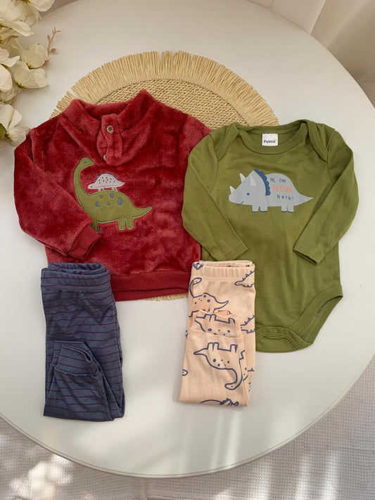 4Pc Velour Dinosaur Shirt , bodysuit with Pack of two Trousers