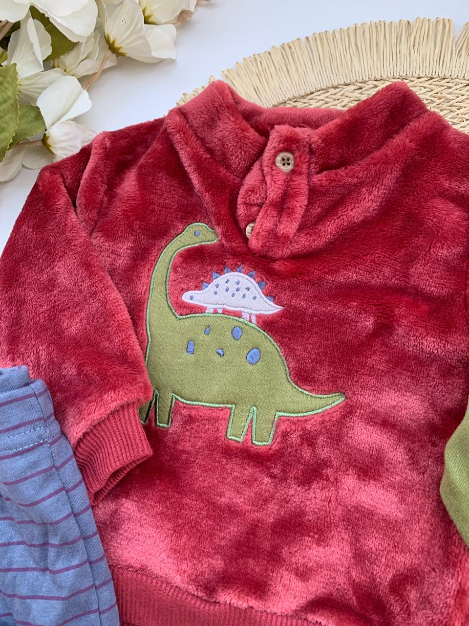 4Pc Velour Dinosaur Shirt , bodysuit with Pack of two Trousers