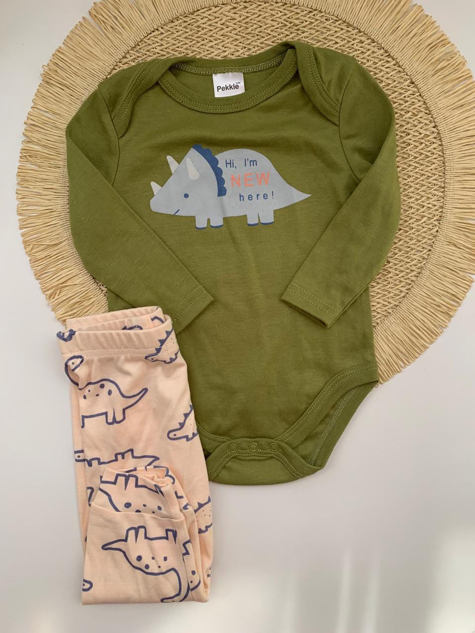 4Pc Velour Dinosaur Shirt , bodysuit with Pack of two Trousers
