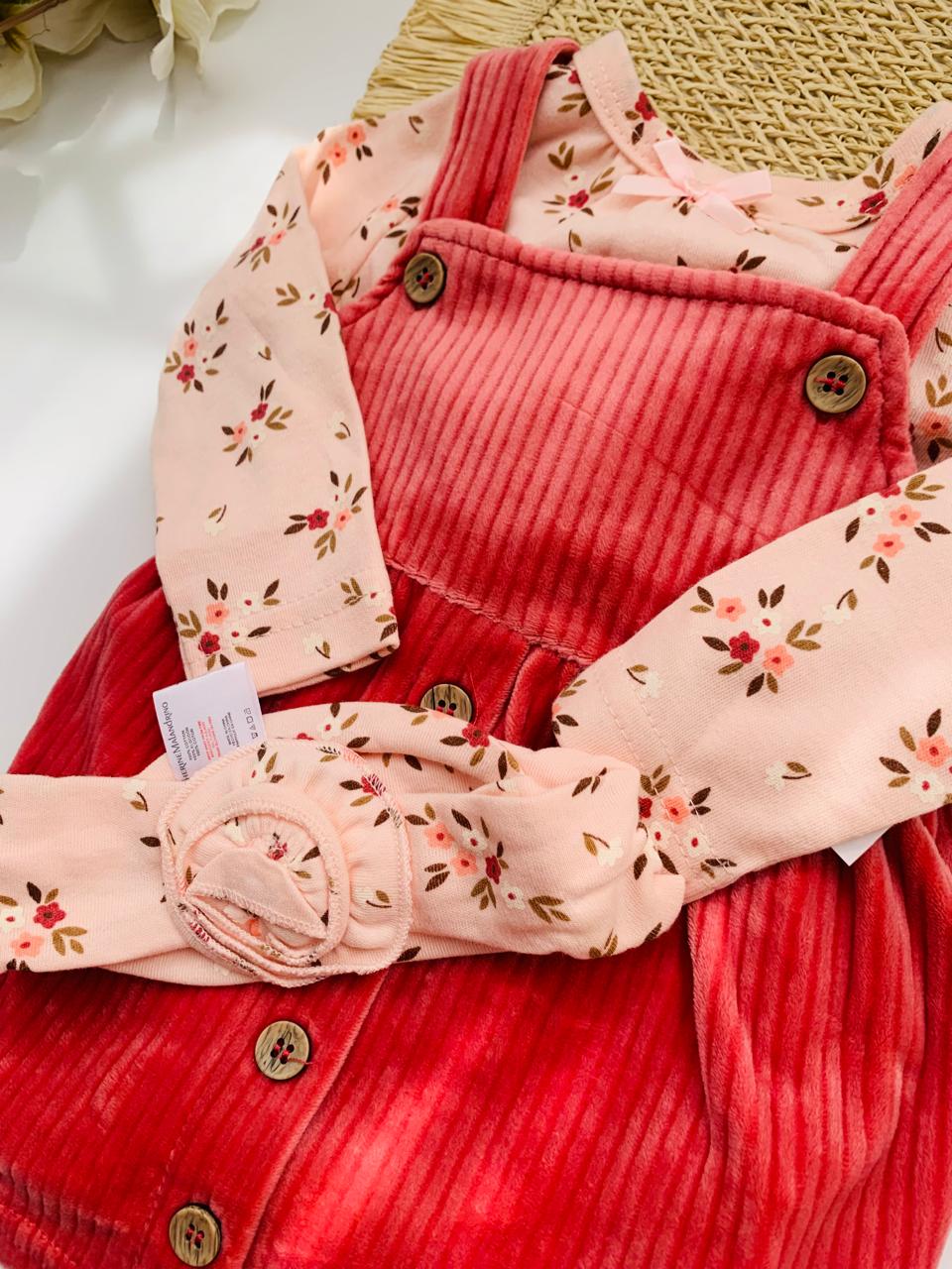 3Pc Velour Floral Frock with Headband