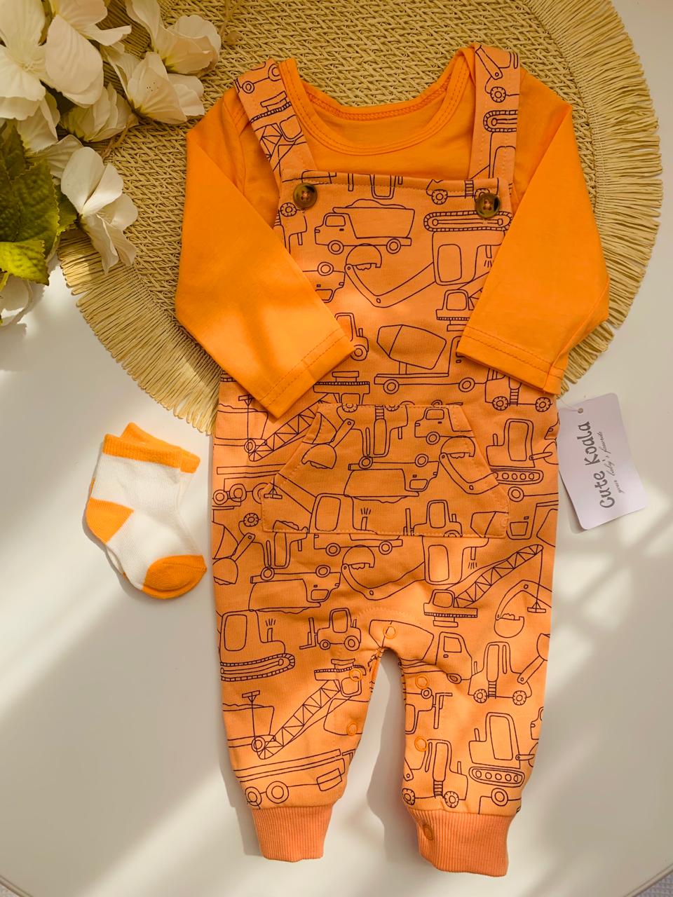 3Pc Vehicles Print Dungarees with Bodysuit & Socks