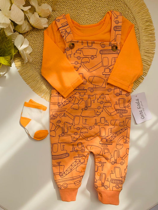 3Pc Vehicles Print Dungarees with Bodysuit & Socks