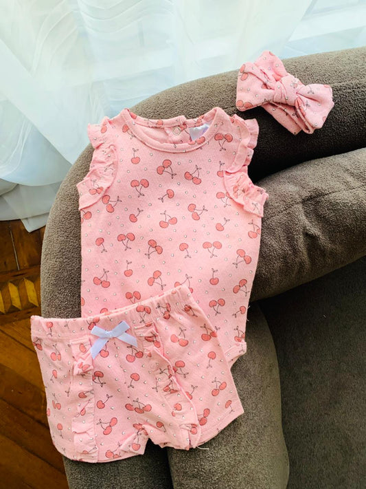 Cherry Print Bodysuit ,Short & matching Headband
