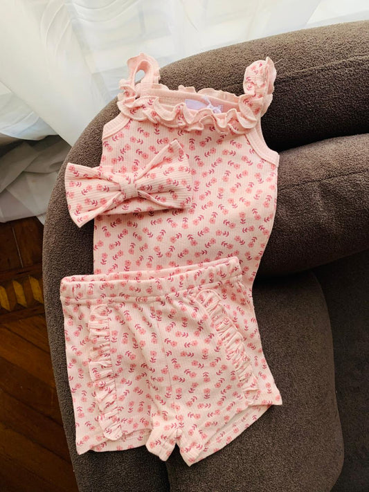 Pink Floral Bodysuit with Matching Shorts & Headband