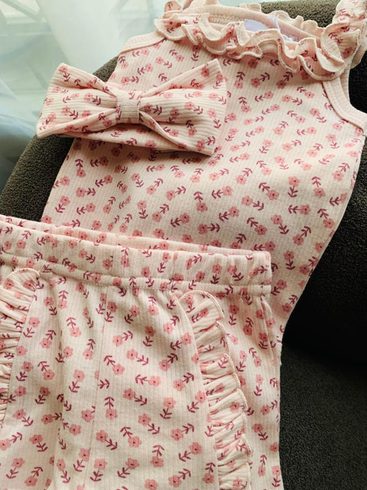 Pink Floral Bodysuit with Matching Shorts & Headband