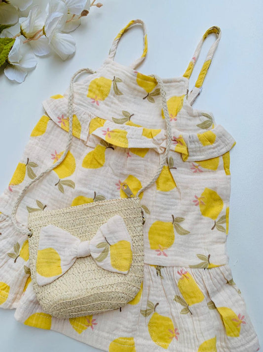 Cream Lemon-Print Frock with matching Handbag