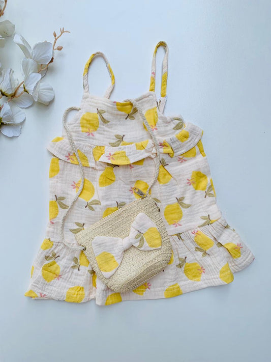 Cream Lemon-Print Frock with matching Handbag