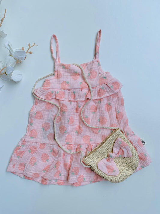 Pink Strawberry-Print Frock with matching Handbag