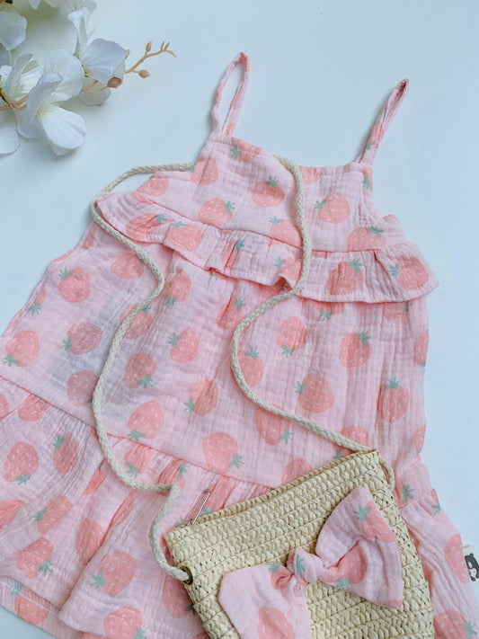 Pink Strawberry-Print Frock with matching Handbag