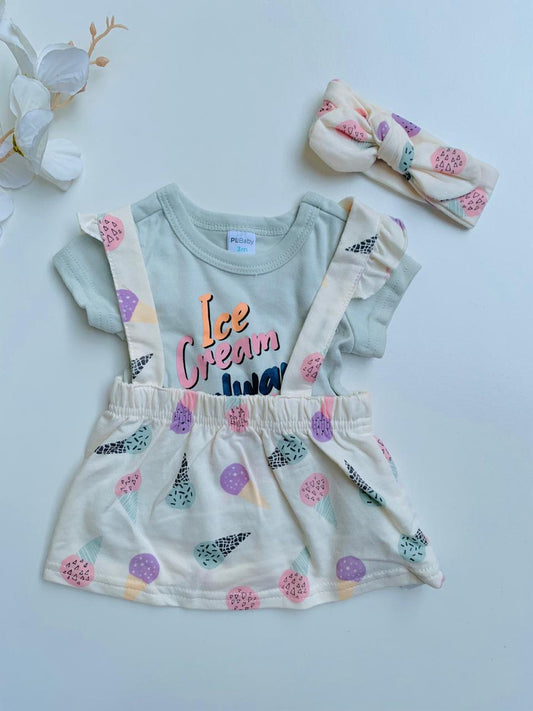 Ice-Cream 3Pc Frock with matching Headband Set