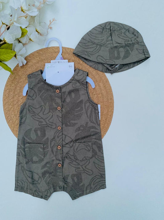 Green Baby Romper with Matching Leaf-Print Cap