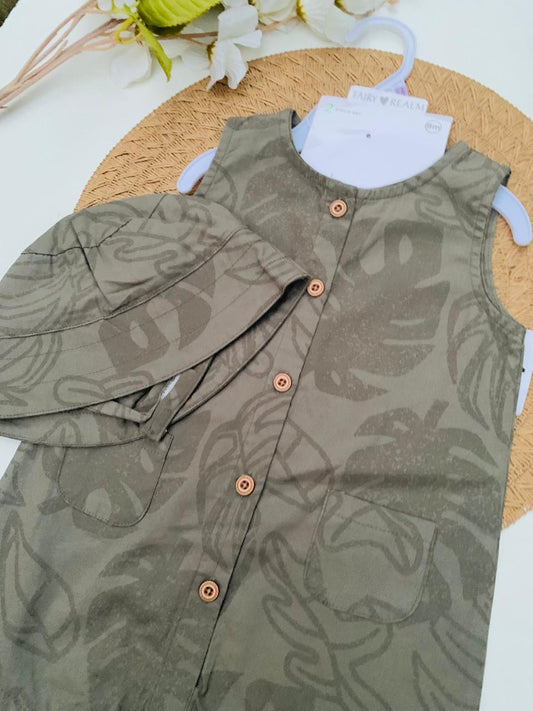 Green Baby Romper with Matching Leaf-Print Cap