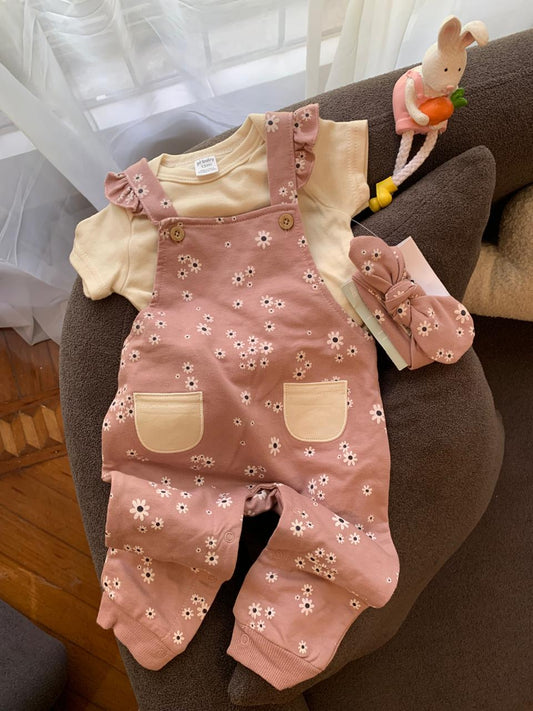 Floral Pink Dungarees with matching Headband