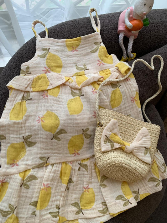 Cream Lemon-Print Frock with matching Handbag