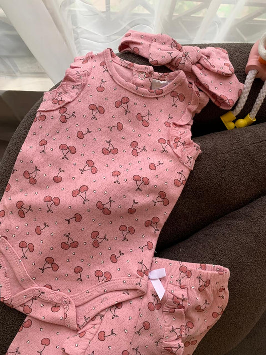 Cherry Print Bodysuit ,Short & matching Headband