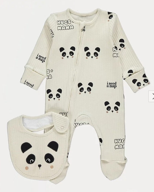 George Neutral Panda Zip Fasten Sleepsuit and Bib Set