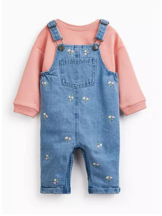 Tu Clothing Denim Floral print Dungaree with Bodysuits Set