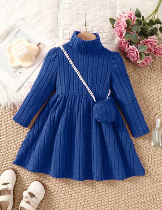 Shein High Neck Sleeve Knitted Navy Blue Frock
