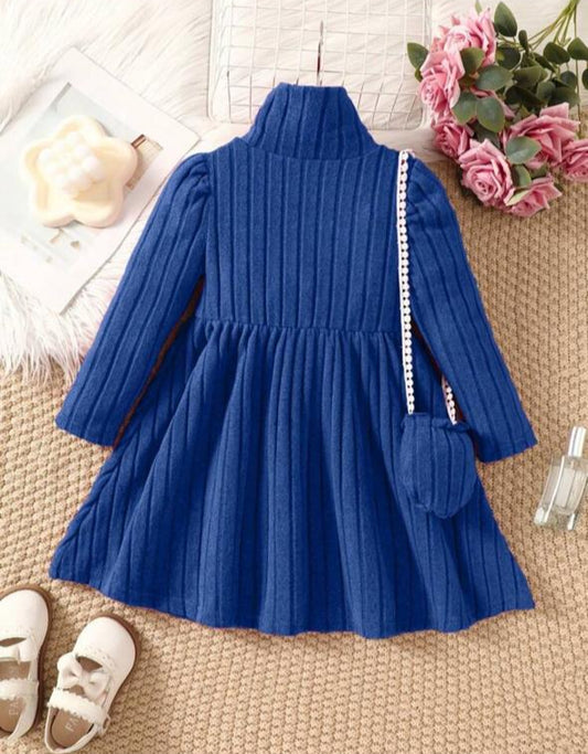 Shein High Neck Sleeve Knitted Navy Blue Frock