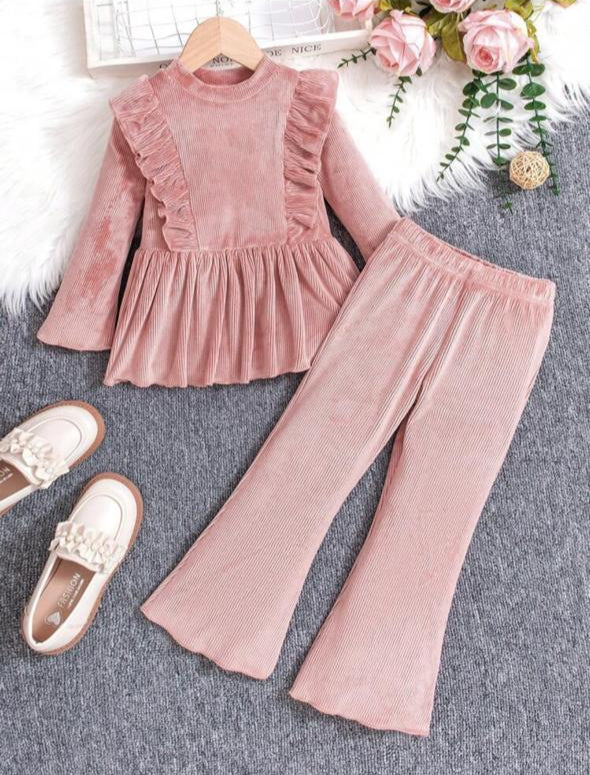 Shien Printed Frill on Pink Causal Knitted Frock & Trouser Set