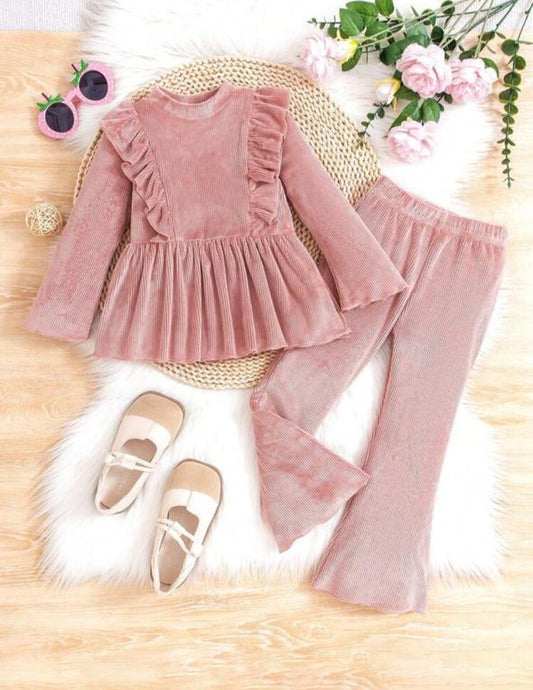 Shien Printed Frill on Pink Causal Knitted Frock & Trouser Set