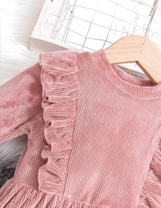 Shien Printed Frill on Pink Causal Knitted Frock & Trouser Set