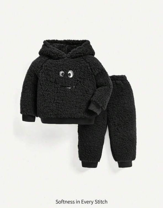 Shein Sherpa Black Hoodie Shirt & Trouser Set