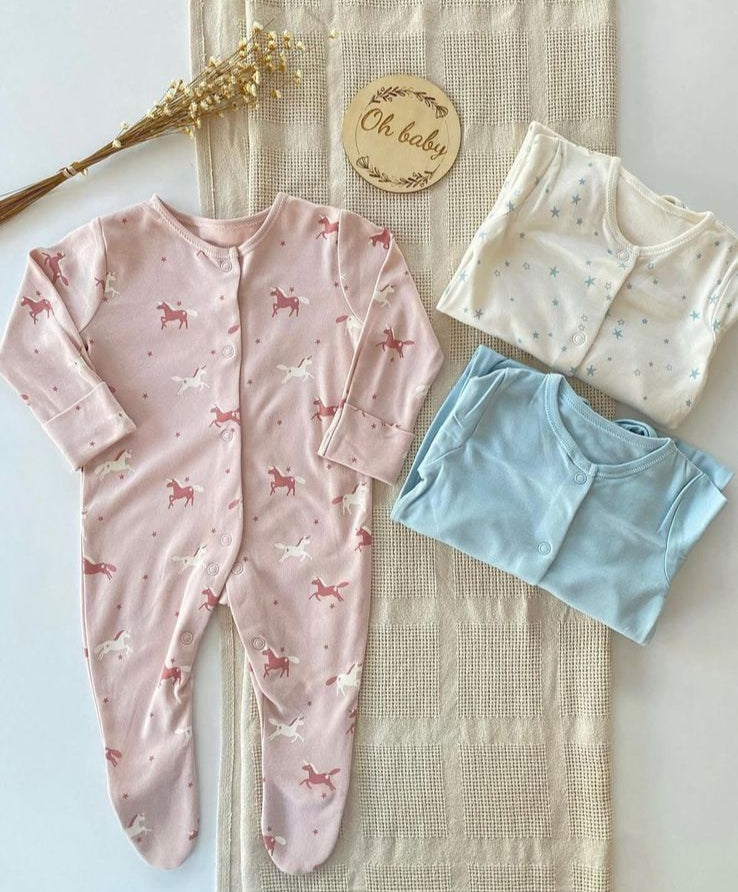 Pack of 3 printed Unicorn and Stars Sleepsuits